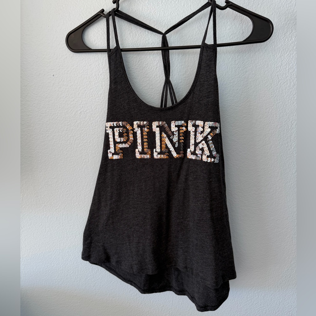 Pink Victoria's Secret Black Sequin Logo Strappy Tank